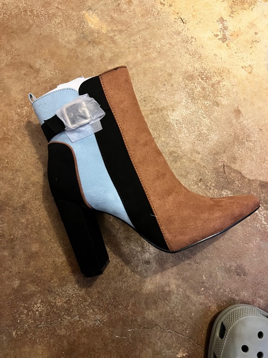 JustFab Shoes - JustFab Suede Colorblock Ankle Boot in Brown, Black & Light Blue